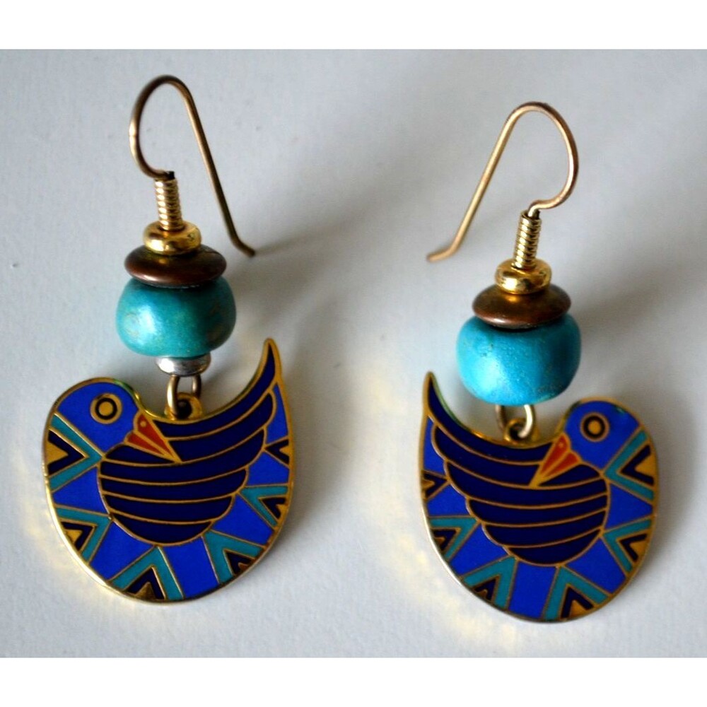 LAUREL BURCH PAJARITA Birds Blue Green Enamel Drop Dangle Pierced Earrings